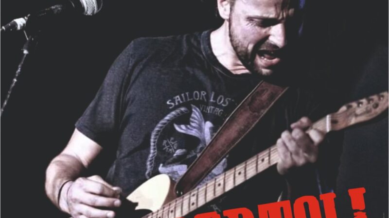 alberto con la chitarra in primo piano durante un concerto