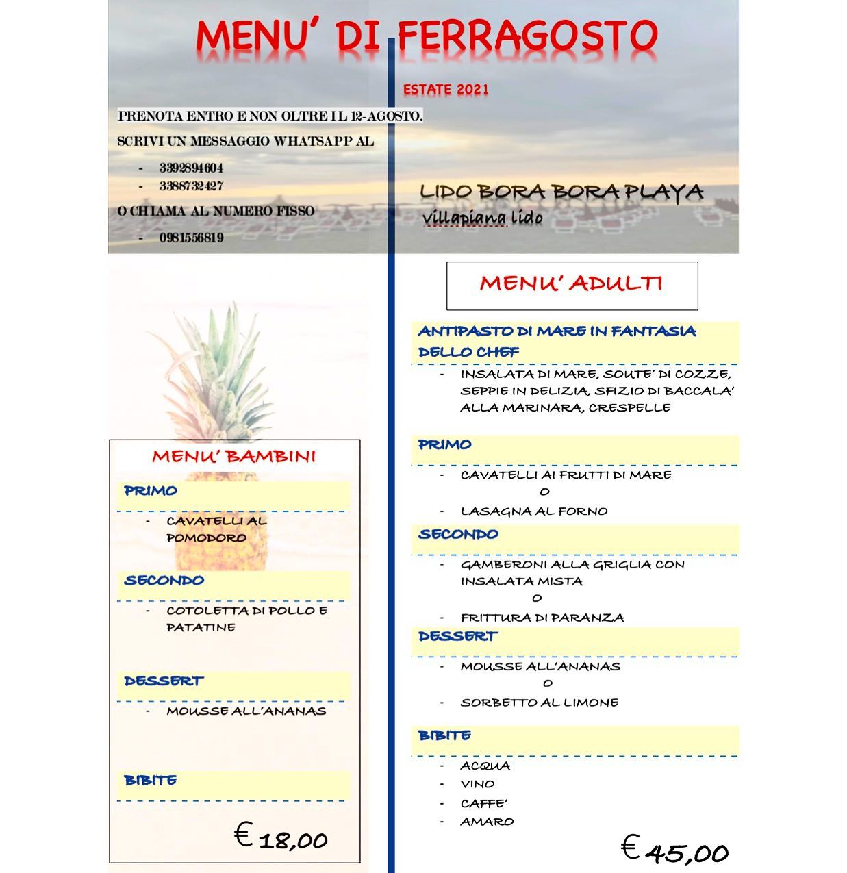 locandina menù bora bora playa villapiana