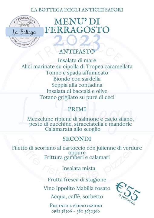 manifesto del menù Ferragosto 2023 La Bottega degli Antichi Sapori a Trebisacce