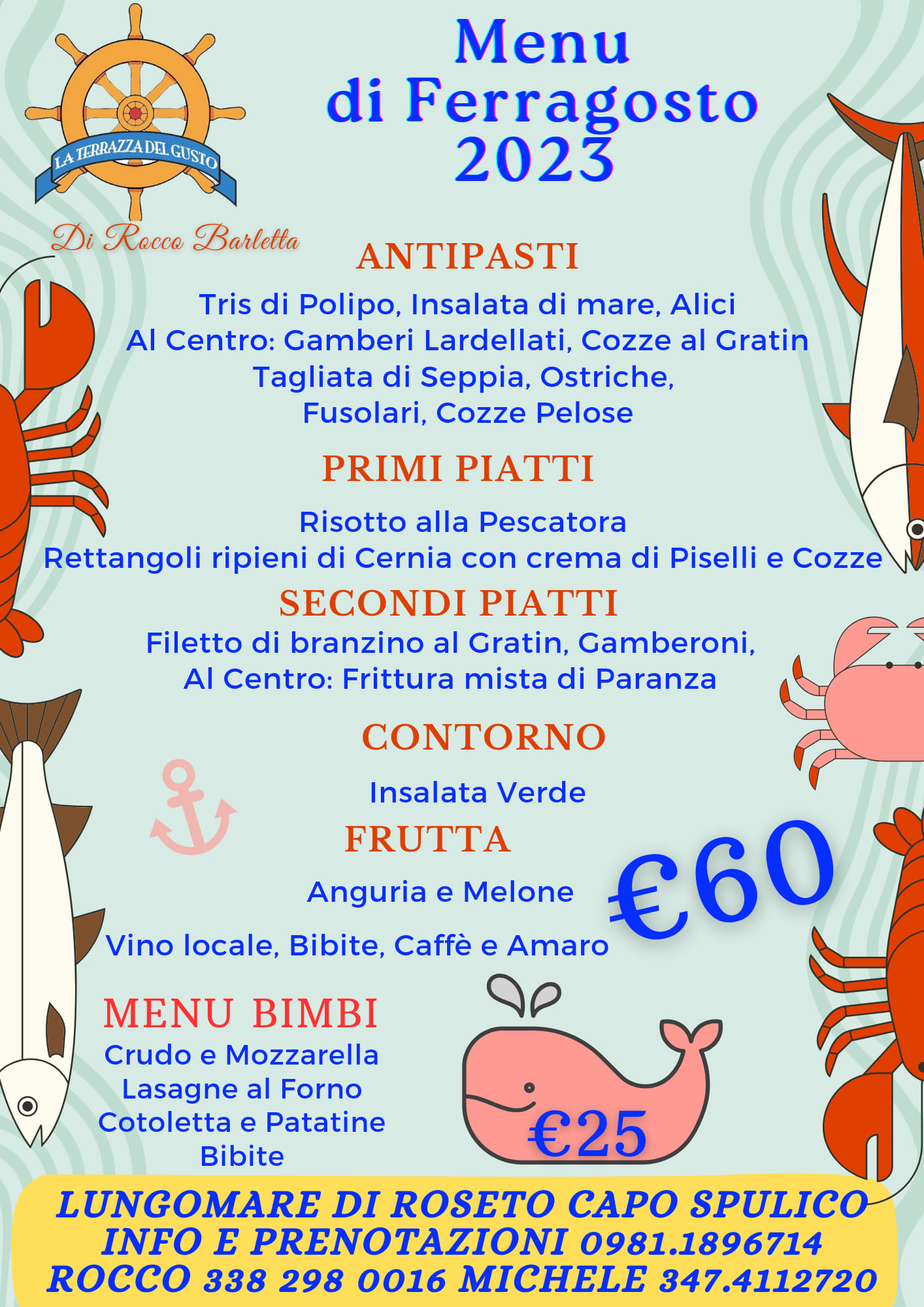 locandina menù Ferragosto 2023 La Terrazza del Gusto a Roseto Capo Spulico