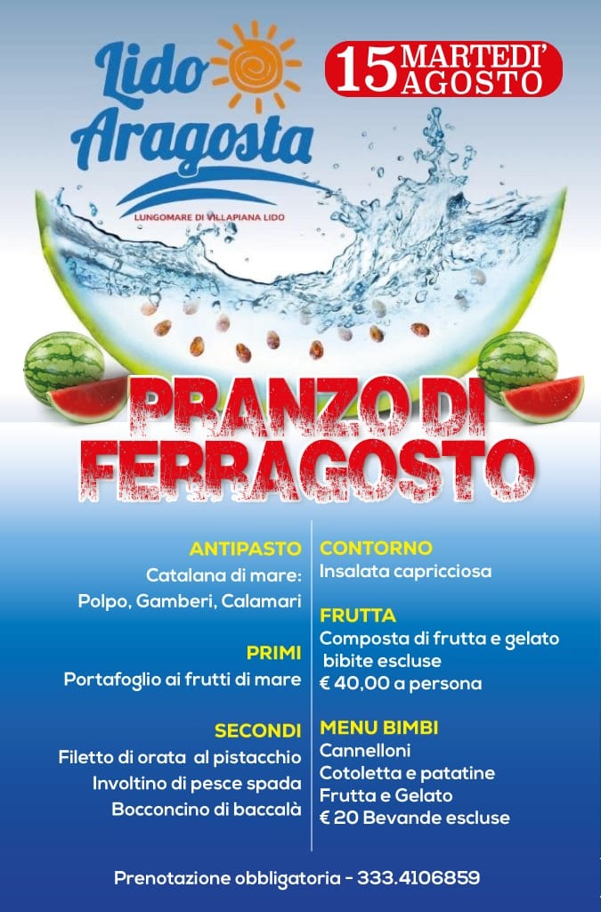 menù Ferragosto 2023 Lido Aragosta a Villapiana