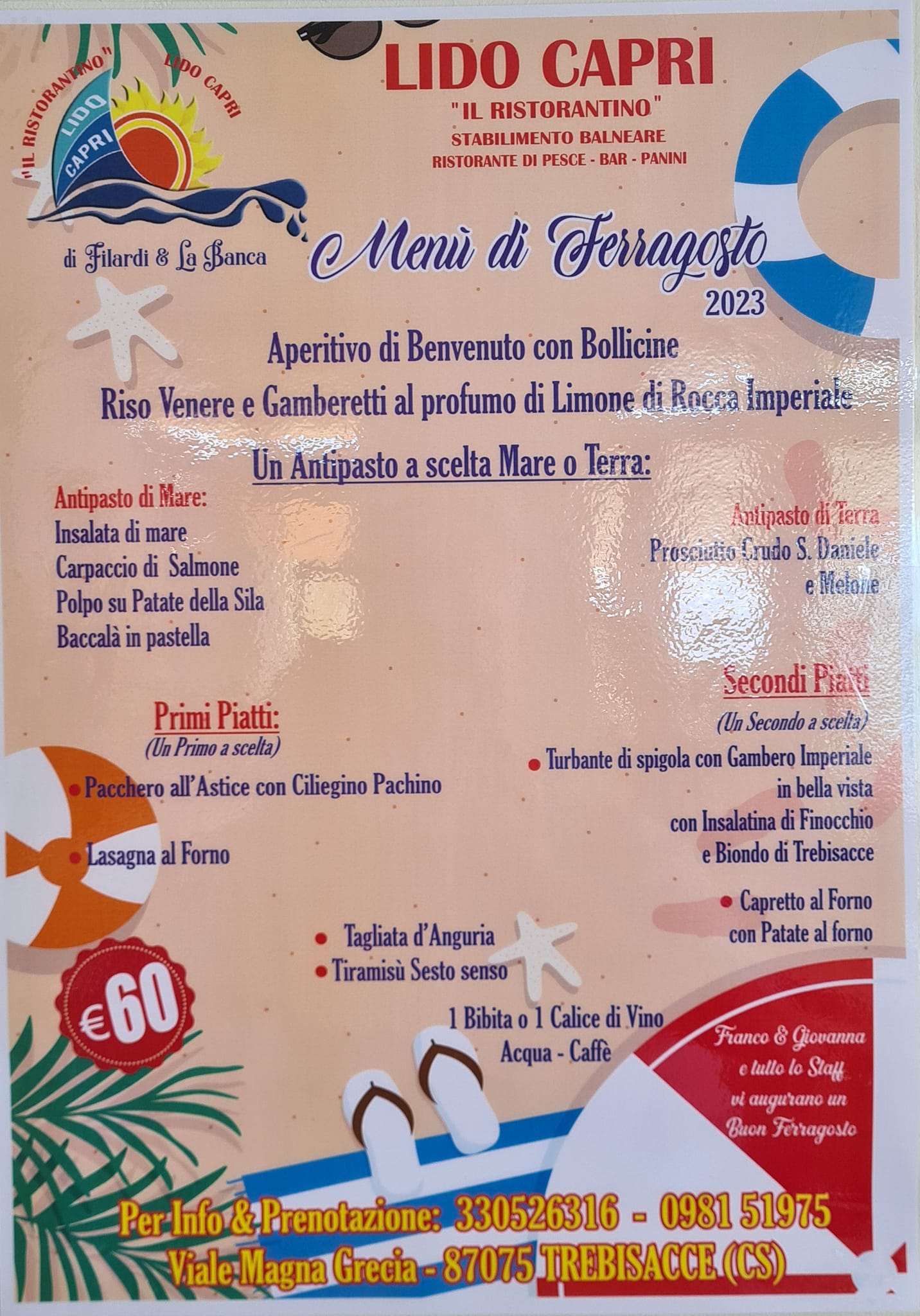 locandina menù Ferragosto 2023 Lido Capri a Trebisacce