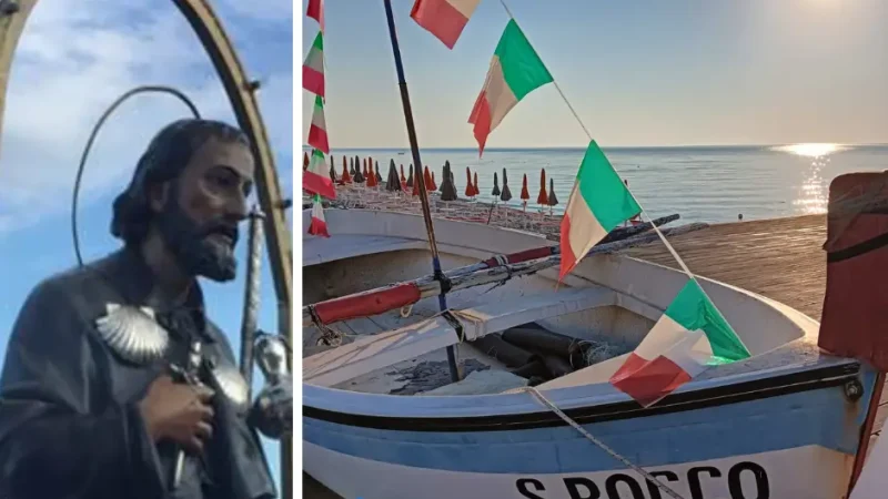 statua di san rocco e barca addobbata per la festa di san rocco a trebisacce