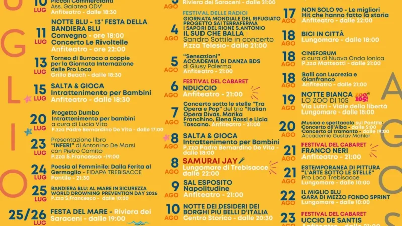 immagine contiene i dettagli del Programma Estate Trebisacce 2026