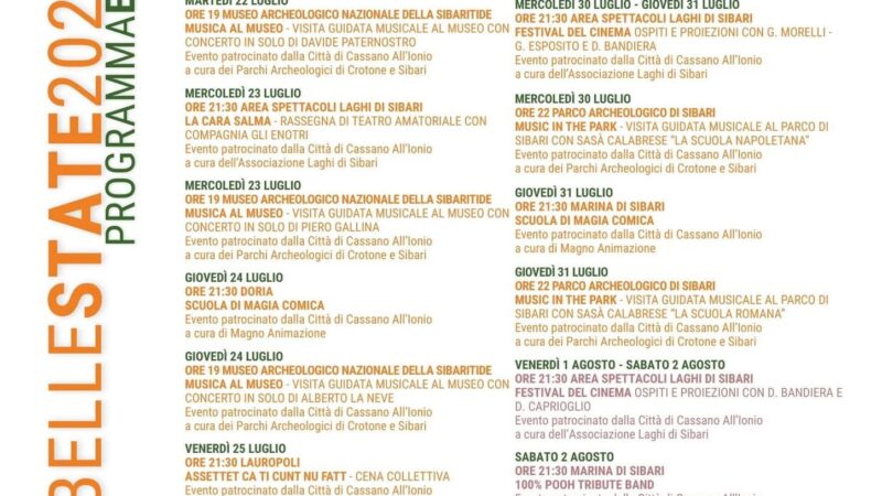 il testo degli eventi Programma Estate Laghi di Sibari 2025 Programma Estate cassano allo ionio 2025