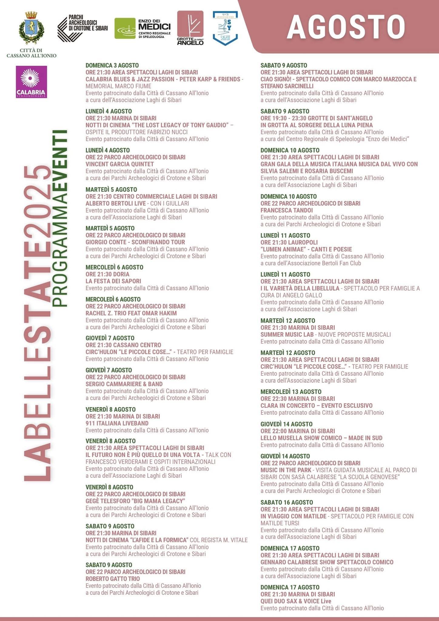 Programma Estate Laghi di Sibari 2025 Programma Estate cassano allo ionio 2025
