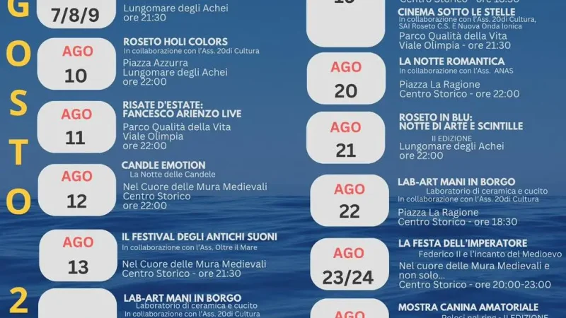 l'elenco degli eventi di agosto a roseto capo spulico