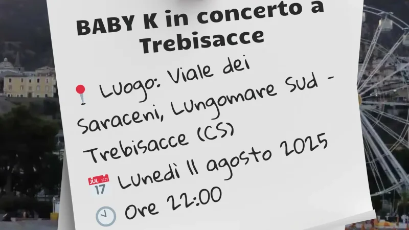 immagine contiene i dettagli dell'evento Baby K in concerto a Trebisacce
