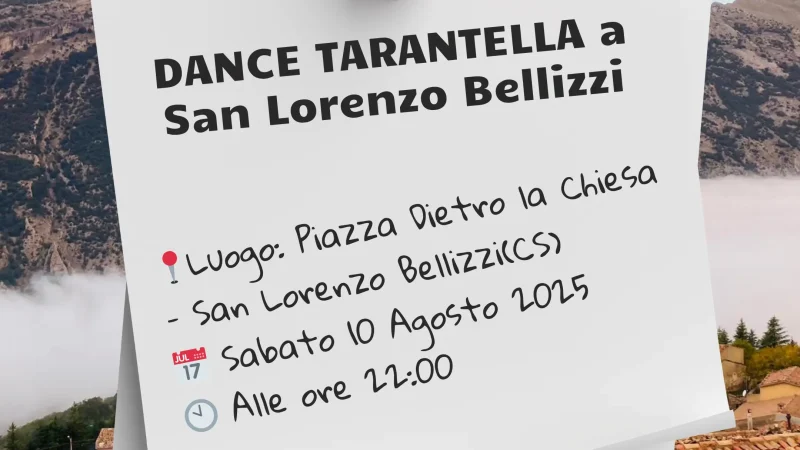 immagine contiene i dettagli dell'evento Dance Tarantella a San Lorenzo Bellizzi 2025