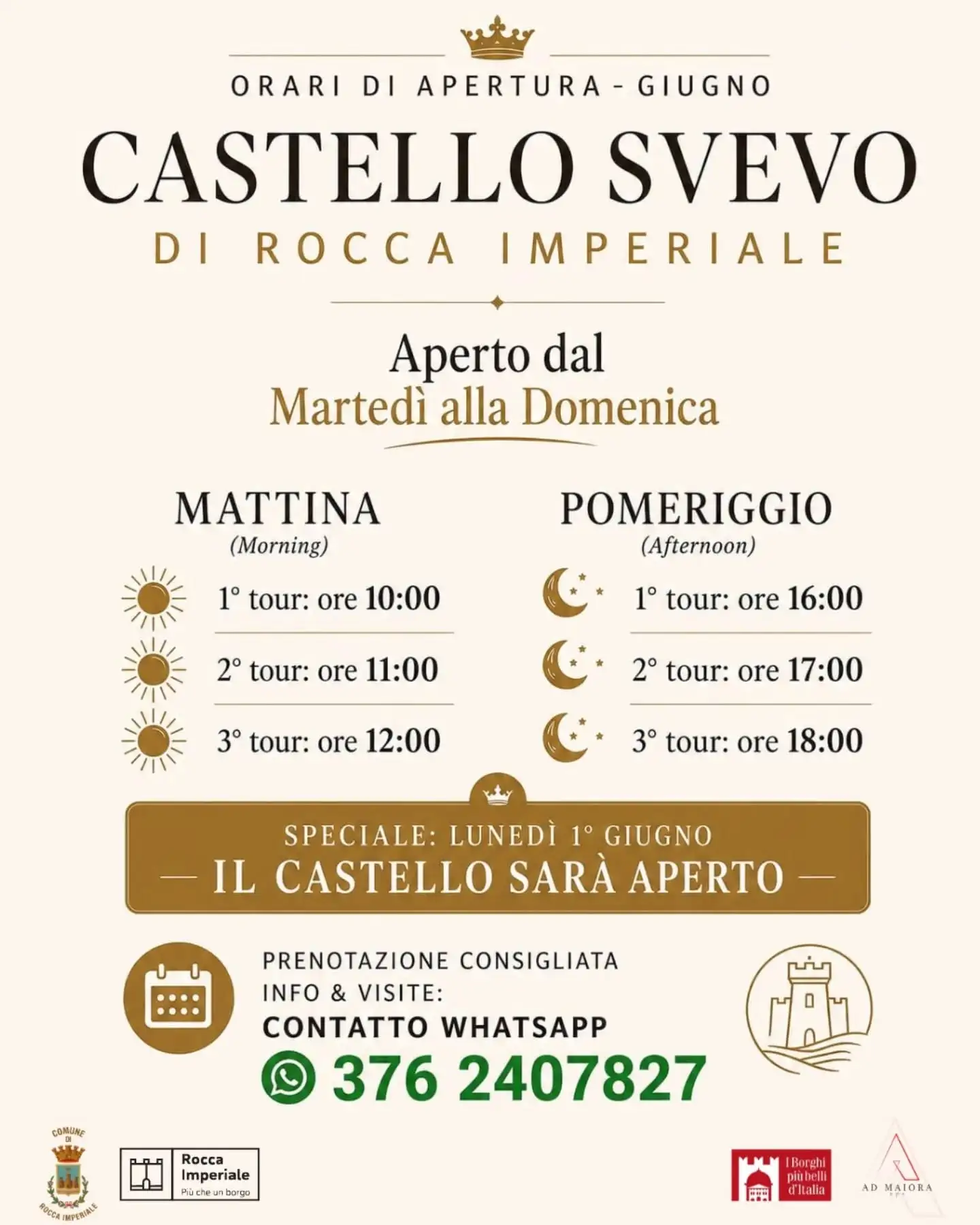 Orari di apertura giugno 2026 del Castello Svevo di Rocca Imperiale