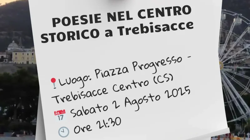 immagine contiene i dettagli dell'evento Poesie nel Centro Storico a Trebisacce XX edizione Sempre Caro mi fu quest'ermo colle
