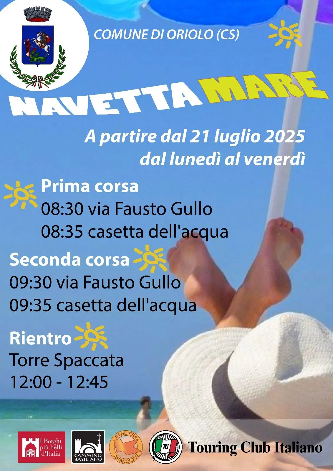 l'immagine contiene gli orari e le fermate del Servizio Navetta Mare Comune di Oriolo 2025