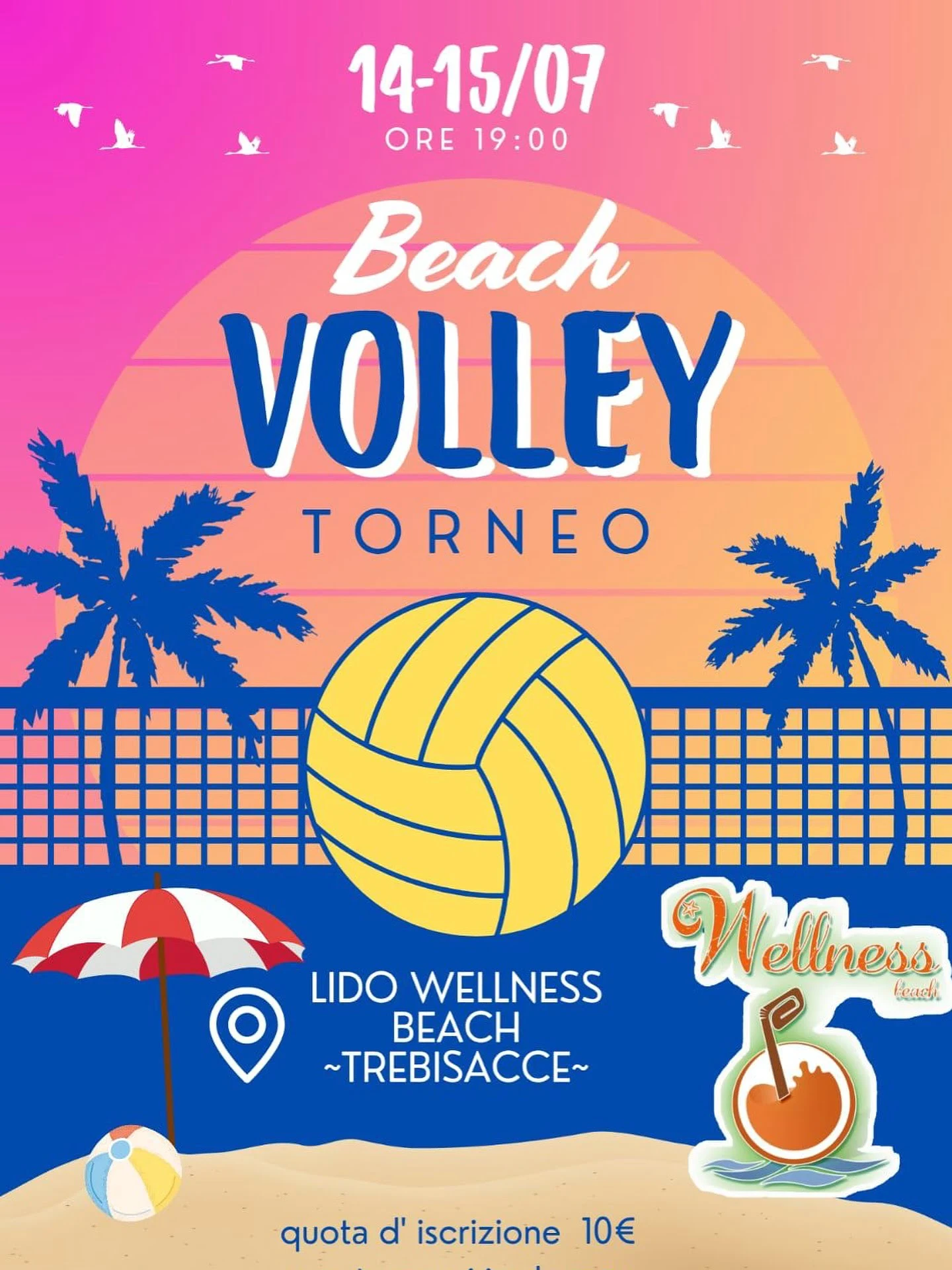 locandina torneo beach volley al tramonto – Lido Wellness Beach, Trebisacce, 14-15 luglio 2025