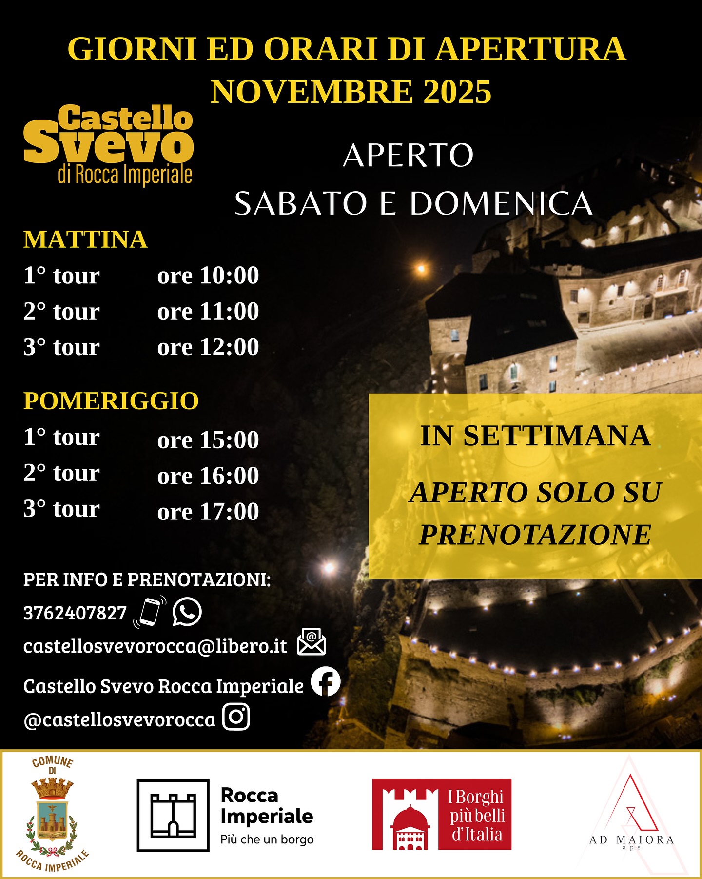 immagine in notturna del castello di rocca imperiale