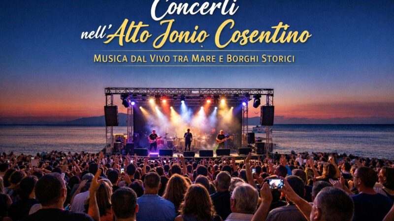 Concerto sul mare nell’Alto Jonio Cosentino durante l’estate, con palco e pubblico sulla costa ionica della Sibaritide