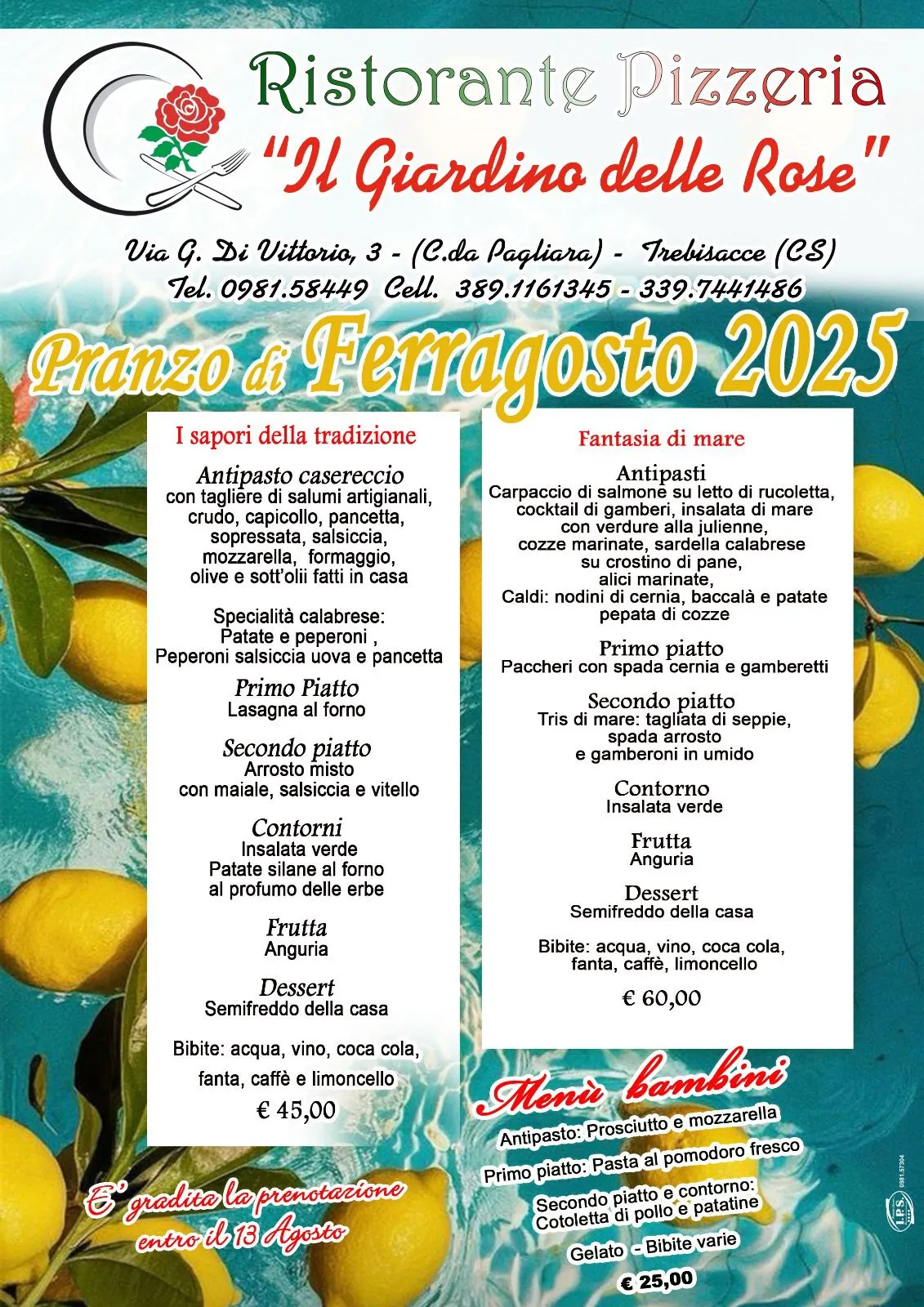il menù di Ferragosto Ristorante Il Giardino delle Rose a Trebisacce 2025