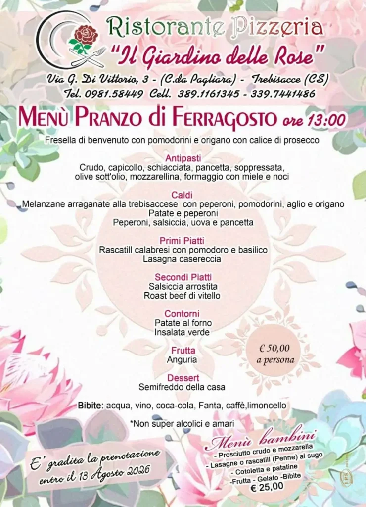 locandina Ferragosto Ristorante Il Giardino delle Rose a Trebisacce 2025