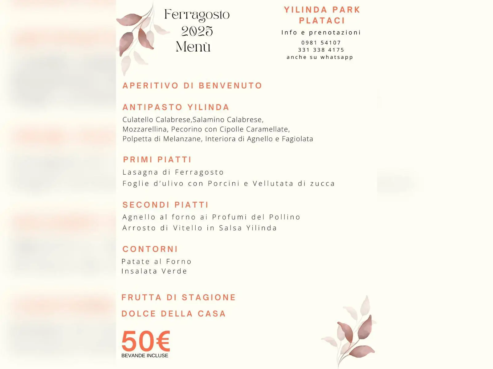 il menù Ferragosto Ristorante Yilinda Park a Plataci
