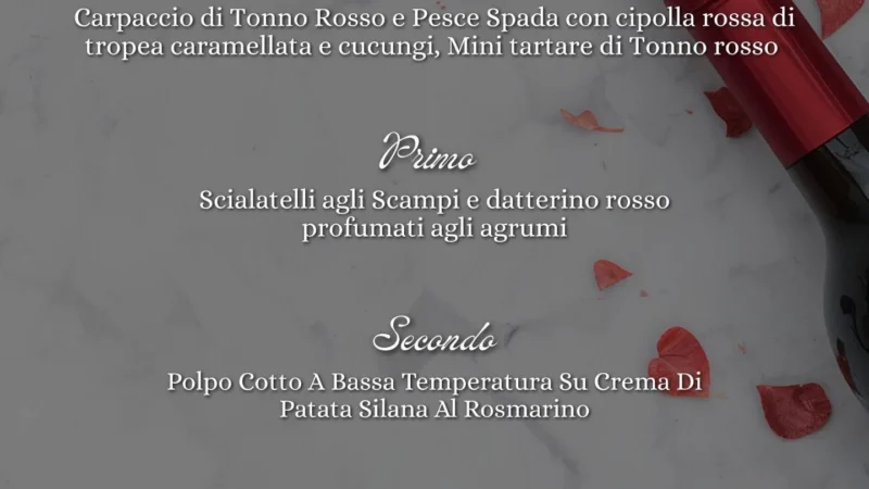 Locandina del menu di San Valentino 2026 al Bistrot 711 di Trebisacce con dettagli su piatti di pesce e dolce al cioccolato