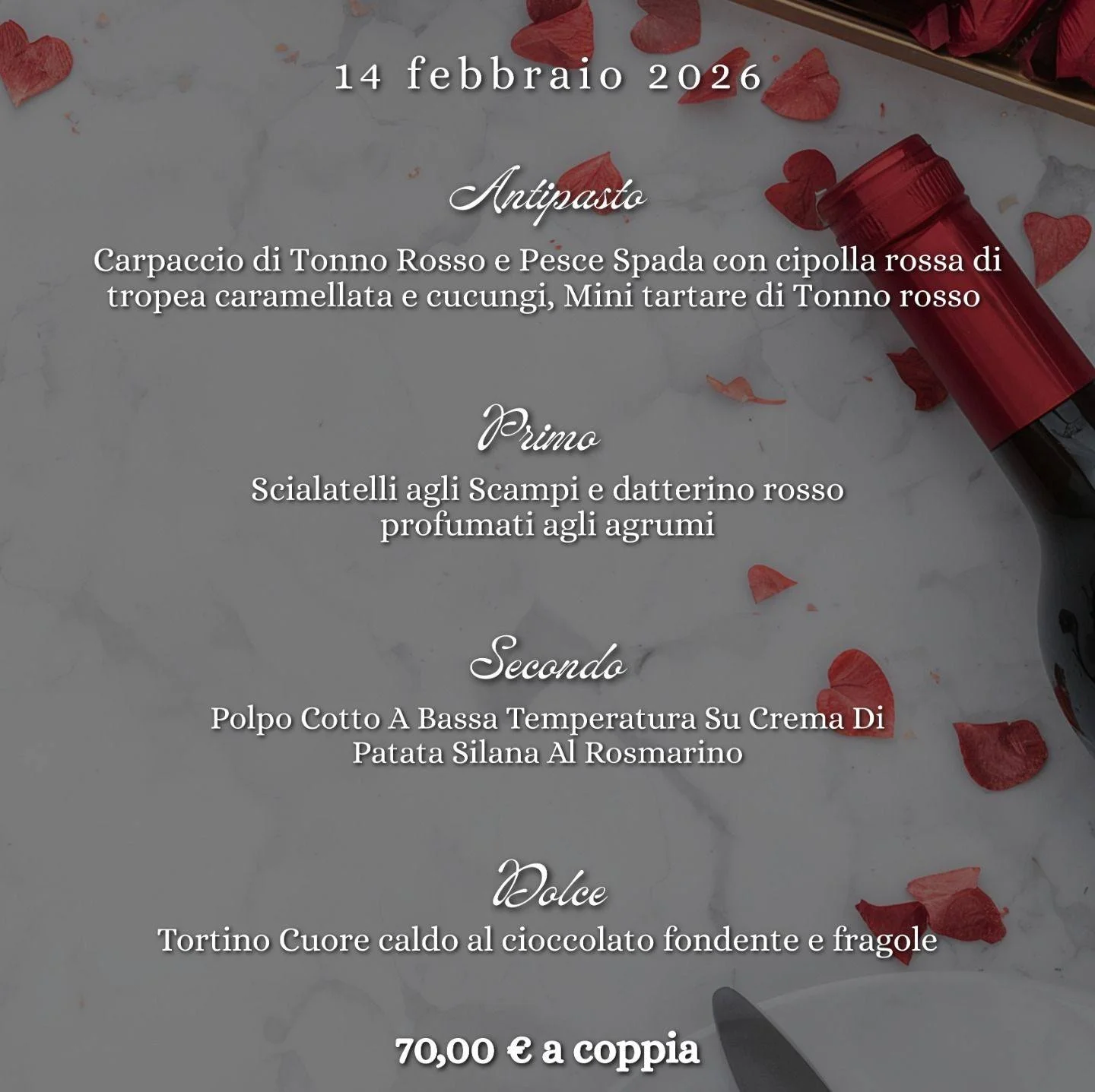 Locandina del menu di San Valentino 2026 al Bistrot 711 di Trebisacce con dettagli su piatti di pesce e dolce al cioccolato