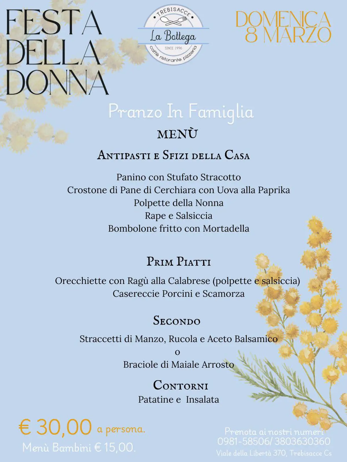 Menu Festa della Donna alla Bottega degli Antichi Sapori a Trebisacce per l’8 marzo