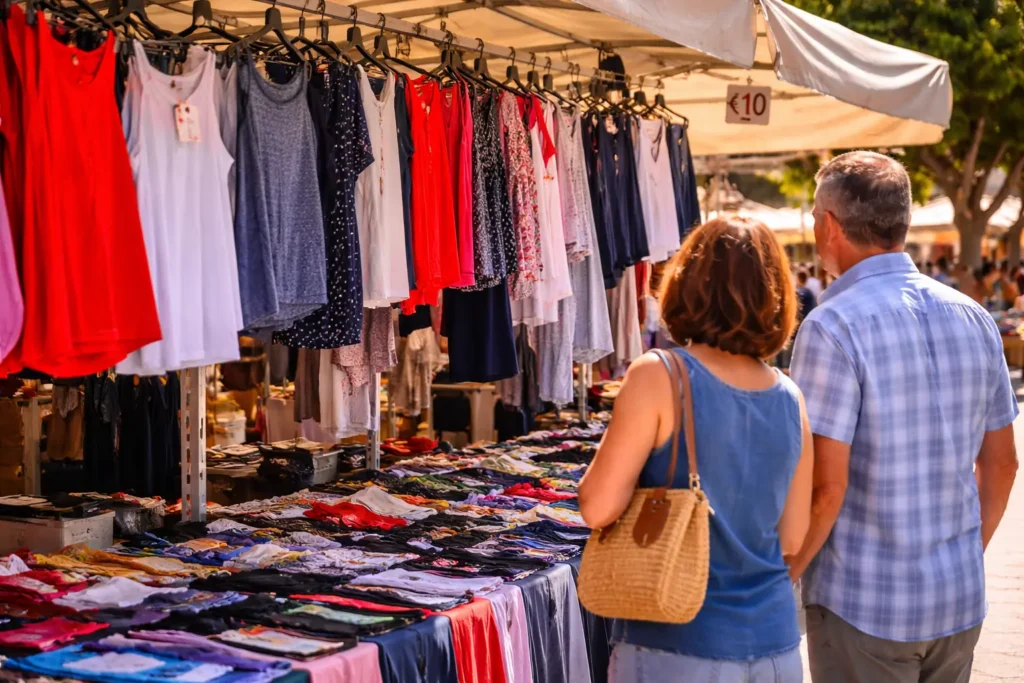 Persone che scelgono vestiti in una bancarella di abbigliamento al mercato mensile di Trebisacce
