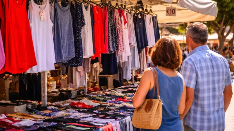 Persone che scelgono vestiti in una bancarella di abbigliamento al mercato mensile di Trebisacce