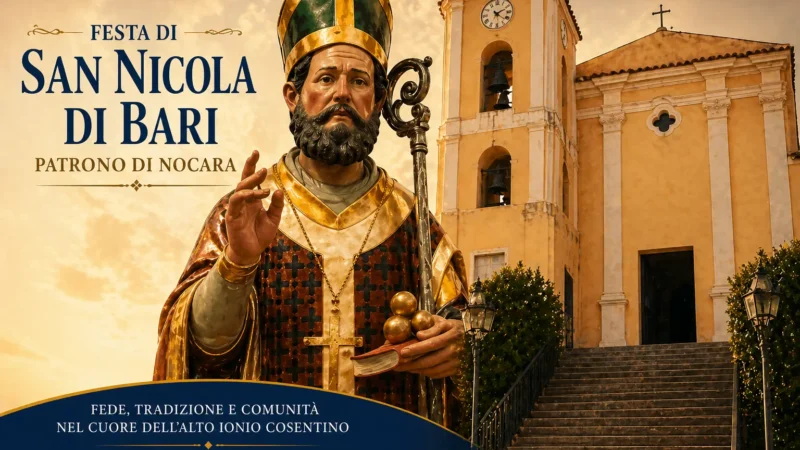 Festa di San Nicola di Bari patrono di Nocara con chiesa madre e campanile nell’Alto Ionio Cosentino