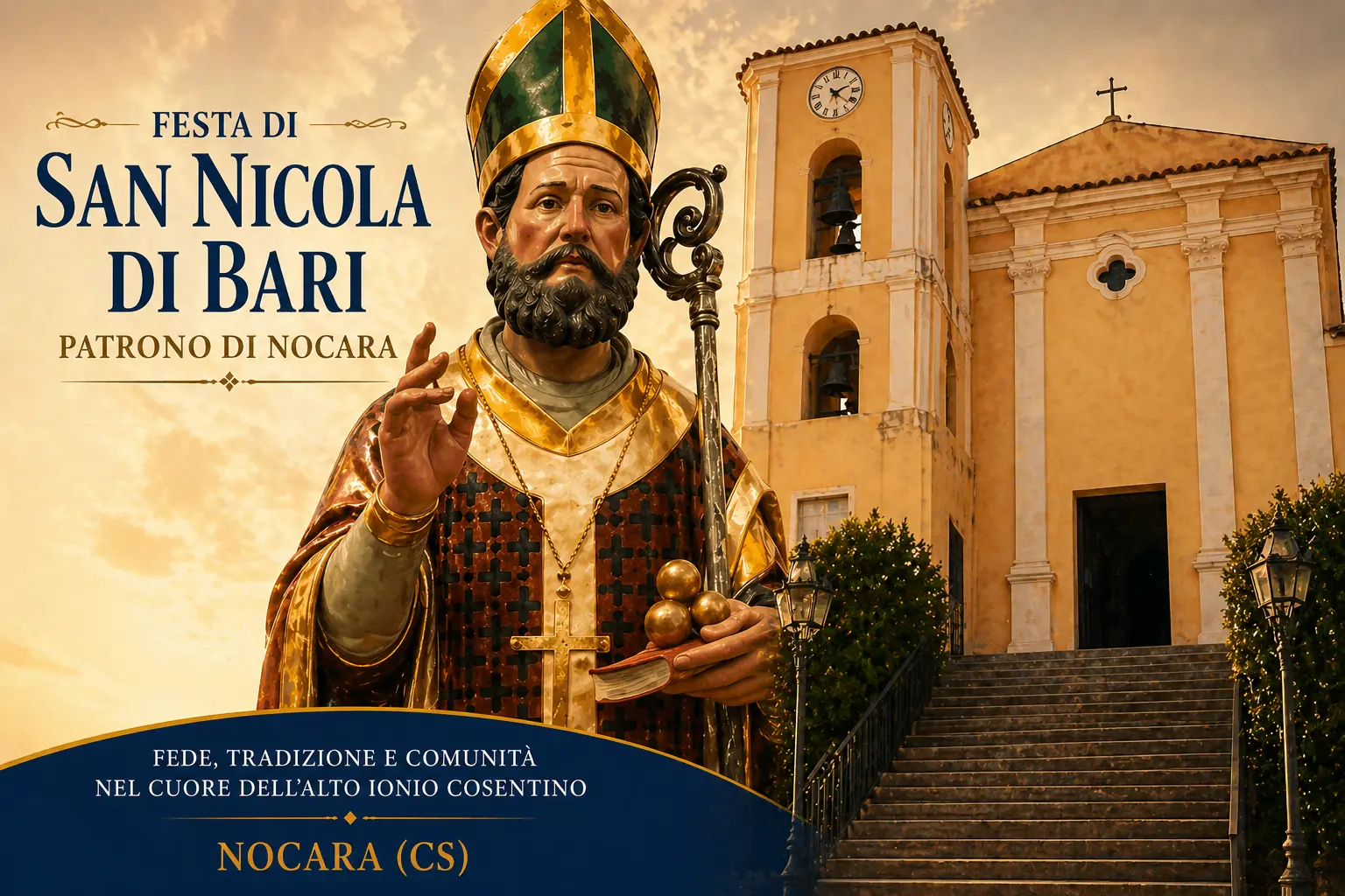 Festa di San Nicola di Bari patrono di Nocara con chiesa madre e campanile nell’Alto Ionio Cosentino