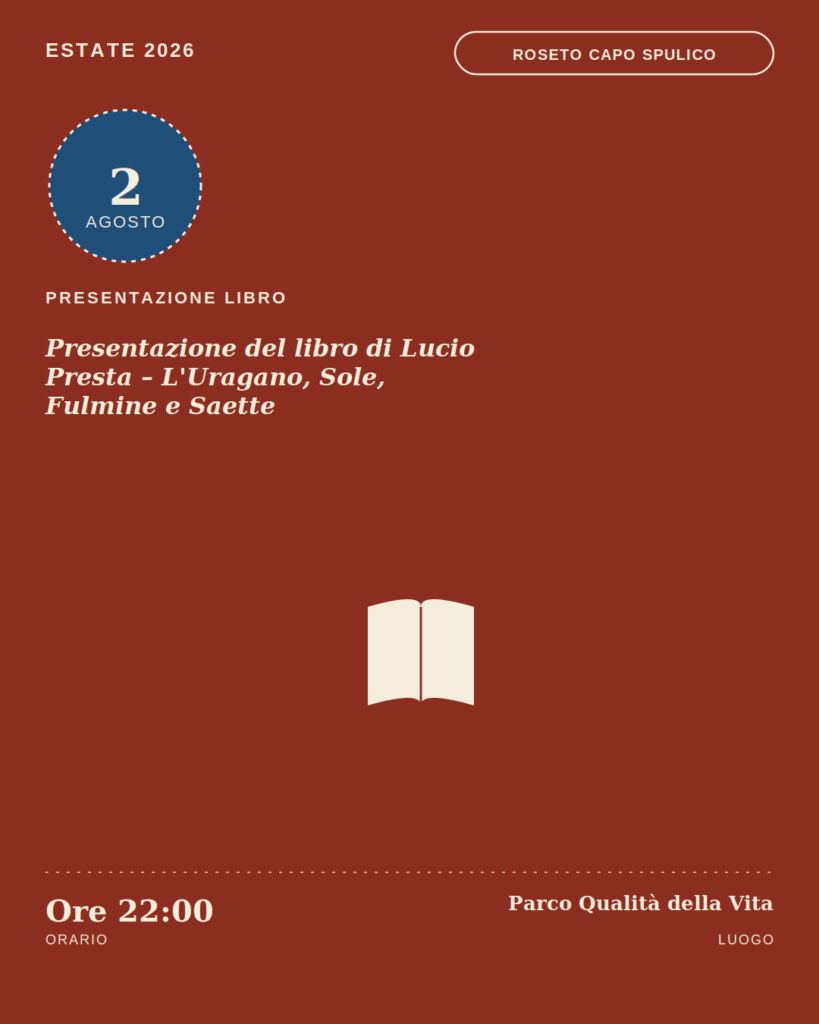 L’Uragano, Sole, Fulmine e Saette Presentazione del libro a Roseto Capo Spulico
